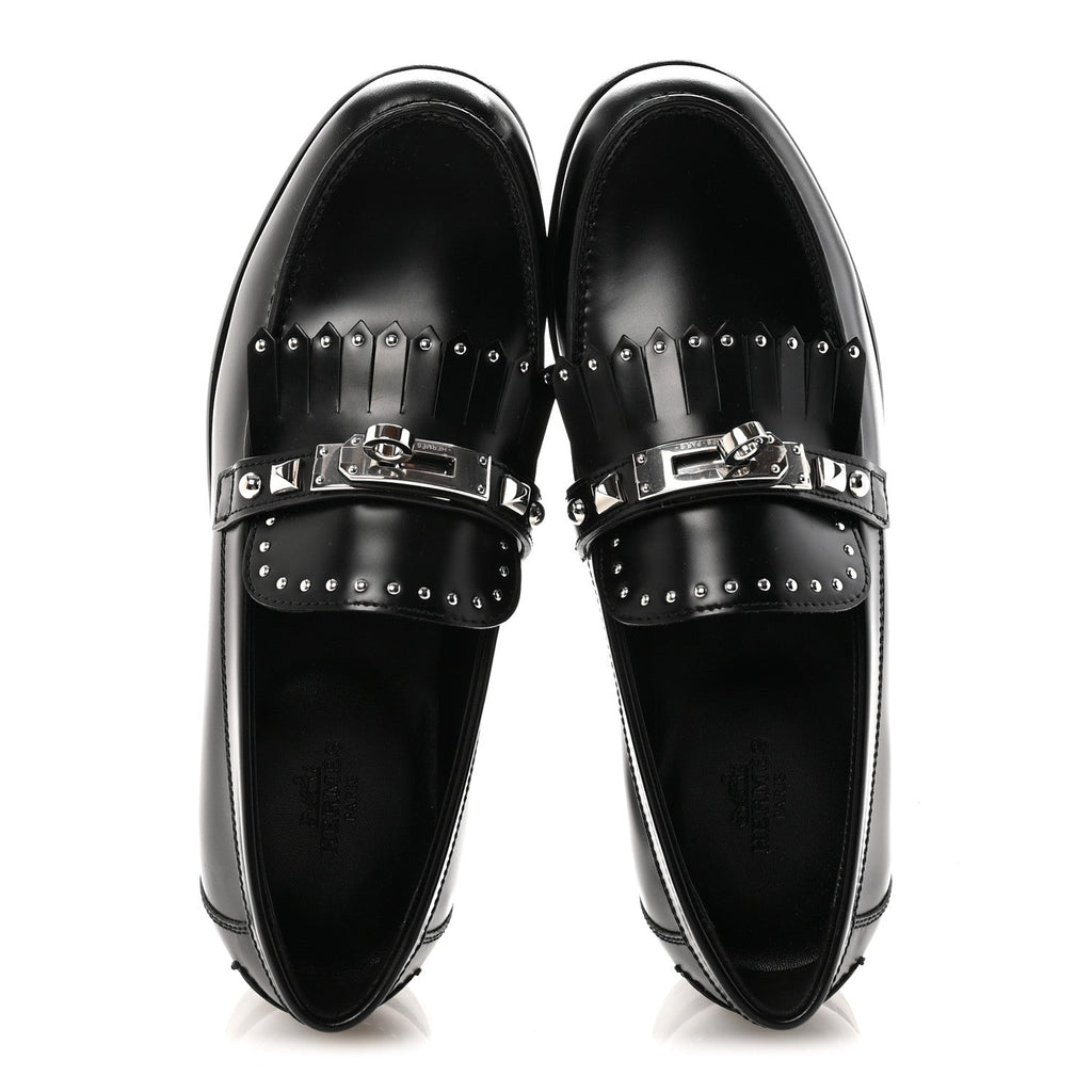 Glazed Calfskin Medor Studded Fringe Womens Destin Loafer 35 Black