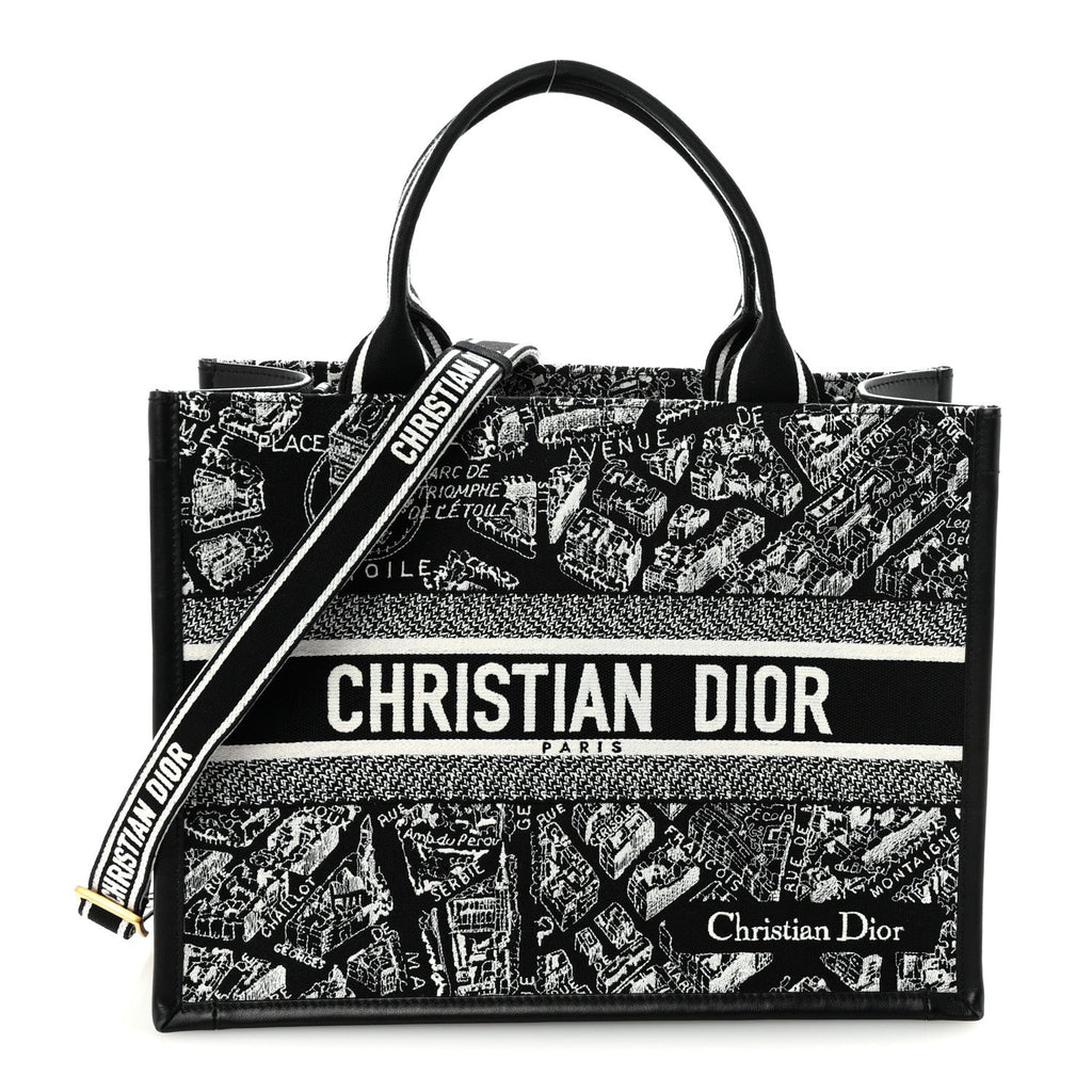 Calfskin Canvas Medium Plan De Paris Book Tote With Strap Black White