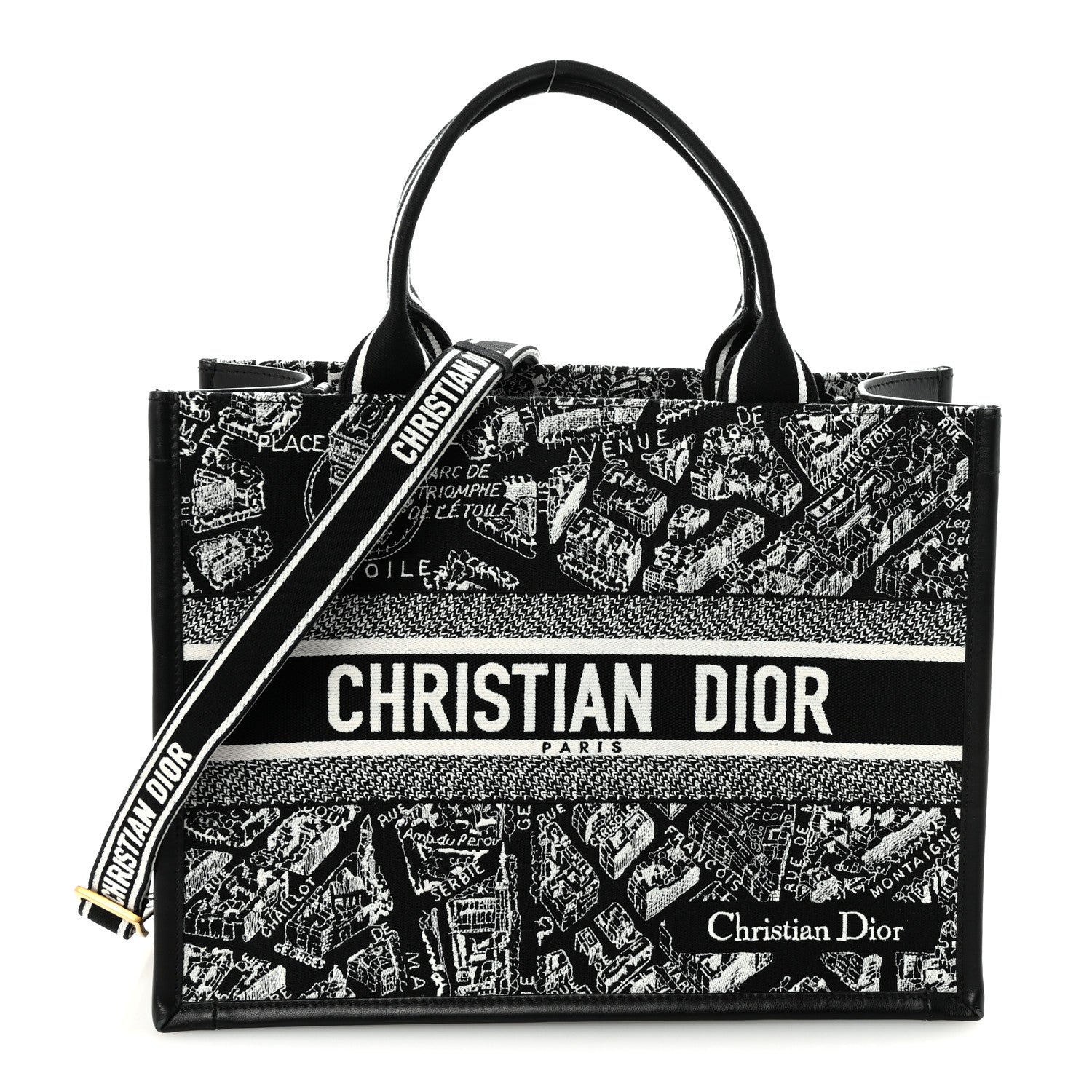 Calfskin Canvas Medium Plan De Paris Book Tote With Strap Black White