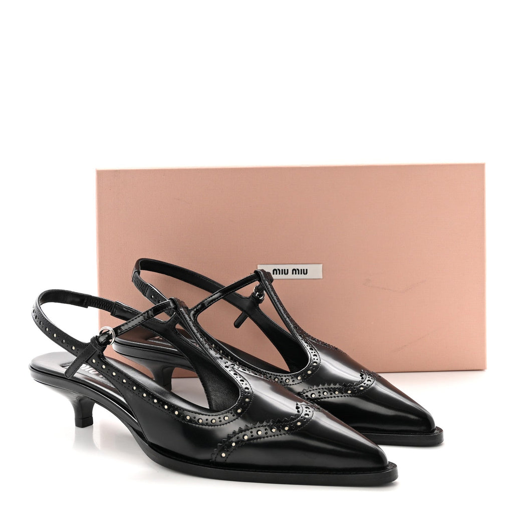 Calfskin Brogue Slingback Pumps 39 Black