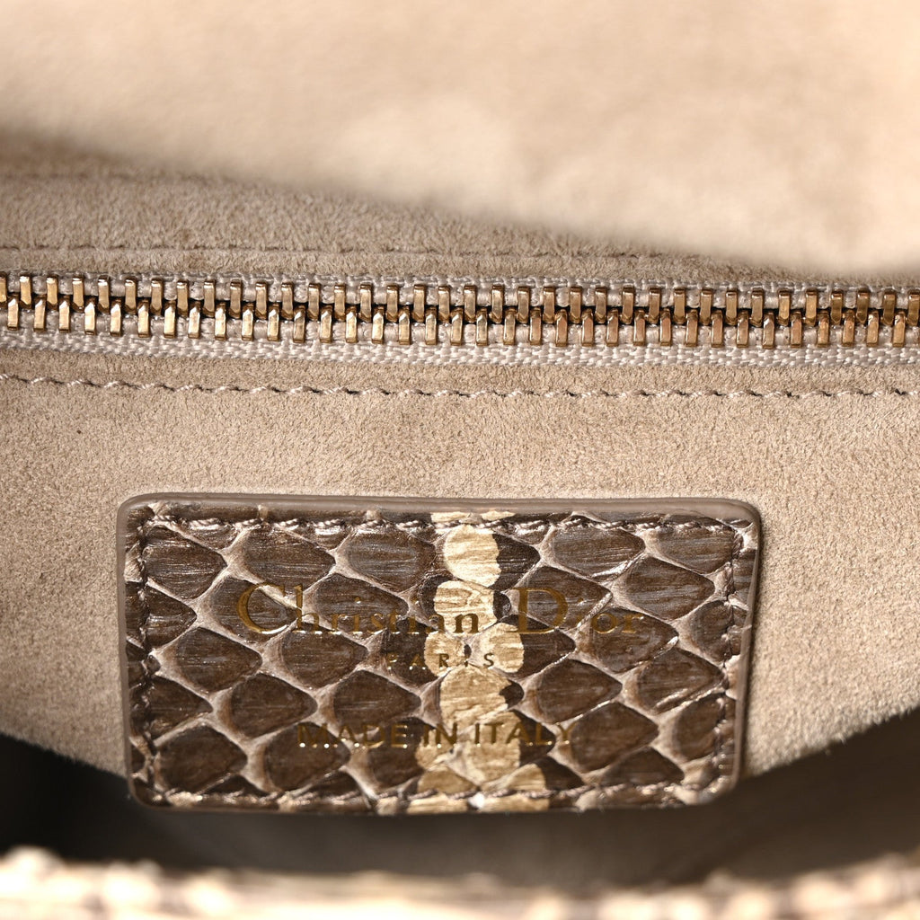 Metallic Snakeskin Cannage Mini Lady Dior Beige
