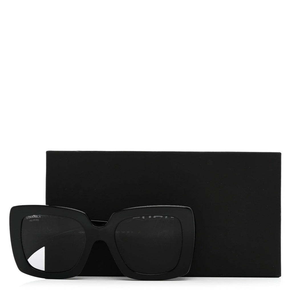 Acetate Calfskin Polarized Square Sunglasses 5474-Q Black