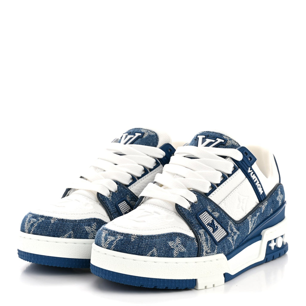 Calfskin Embossed Monogram Denim Womens LV Trainer Sneakers 35.5 Blue