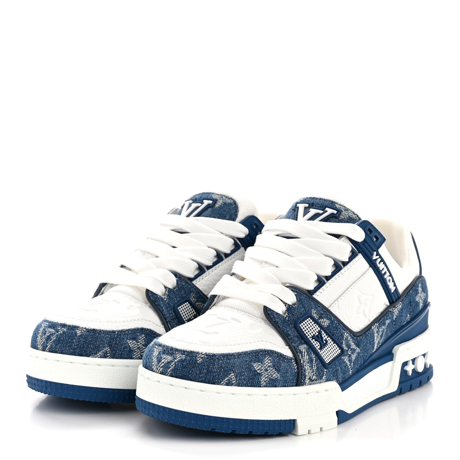 Calfskin Embossed Monogram Denim Womens LV Trainer Sneakers 35.5 Blue