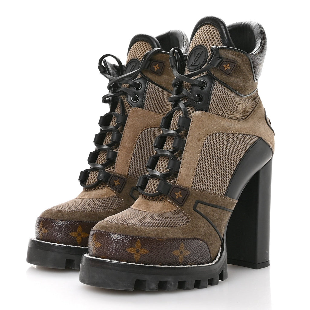 Suede Calfskin Monogram Star Trail Ankle Boots 38.5 Khaki
