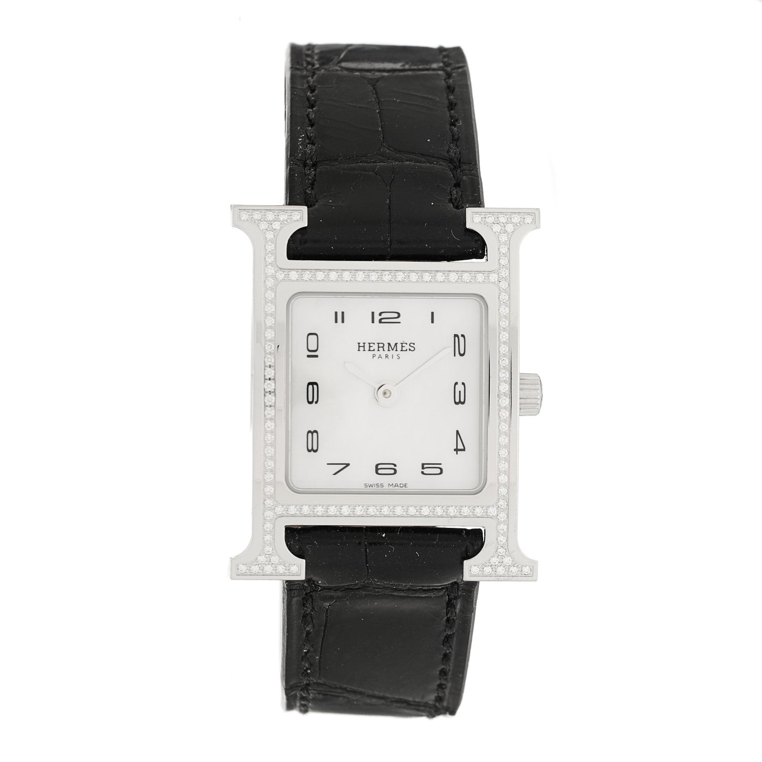 Stainless Steel Alligator Diamond Bezel Mother of Pearl 21mm Heure H Hour Quartz Watch Noir