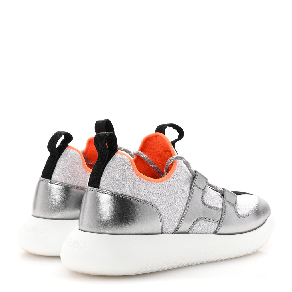 Knit Metallic Calfskin Womens Duel Sneakers 37.5 Argent Orange Black