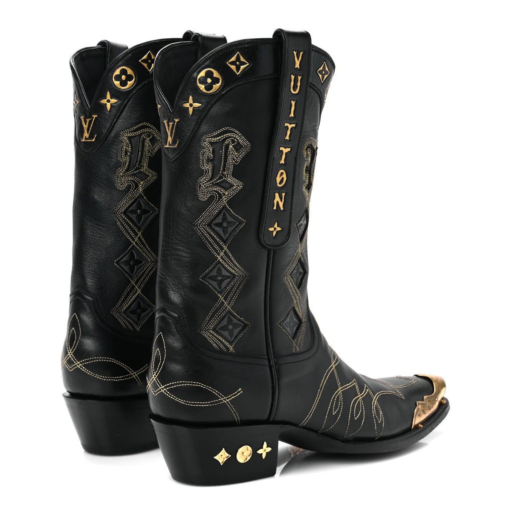 Calfskin LV Texan Mens Rider Boots 7.5 Black Gold