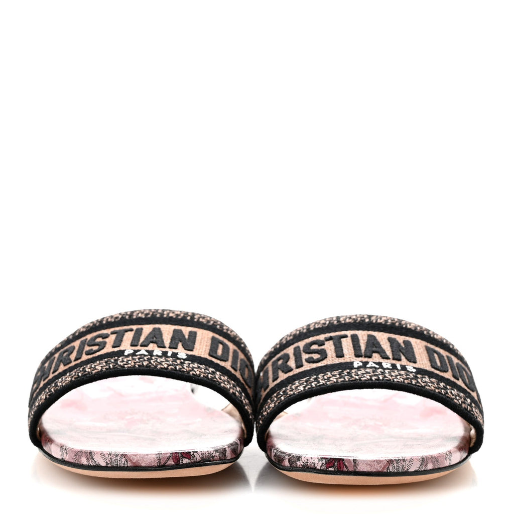 Canvas Rose Mutabilis Embroidered Dway Flat Slide Sandals 39 Fard Black