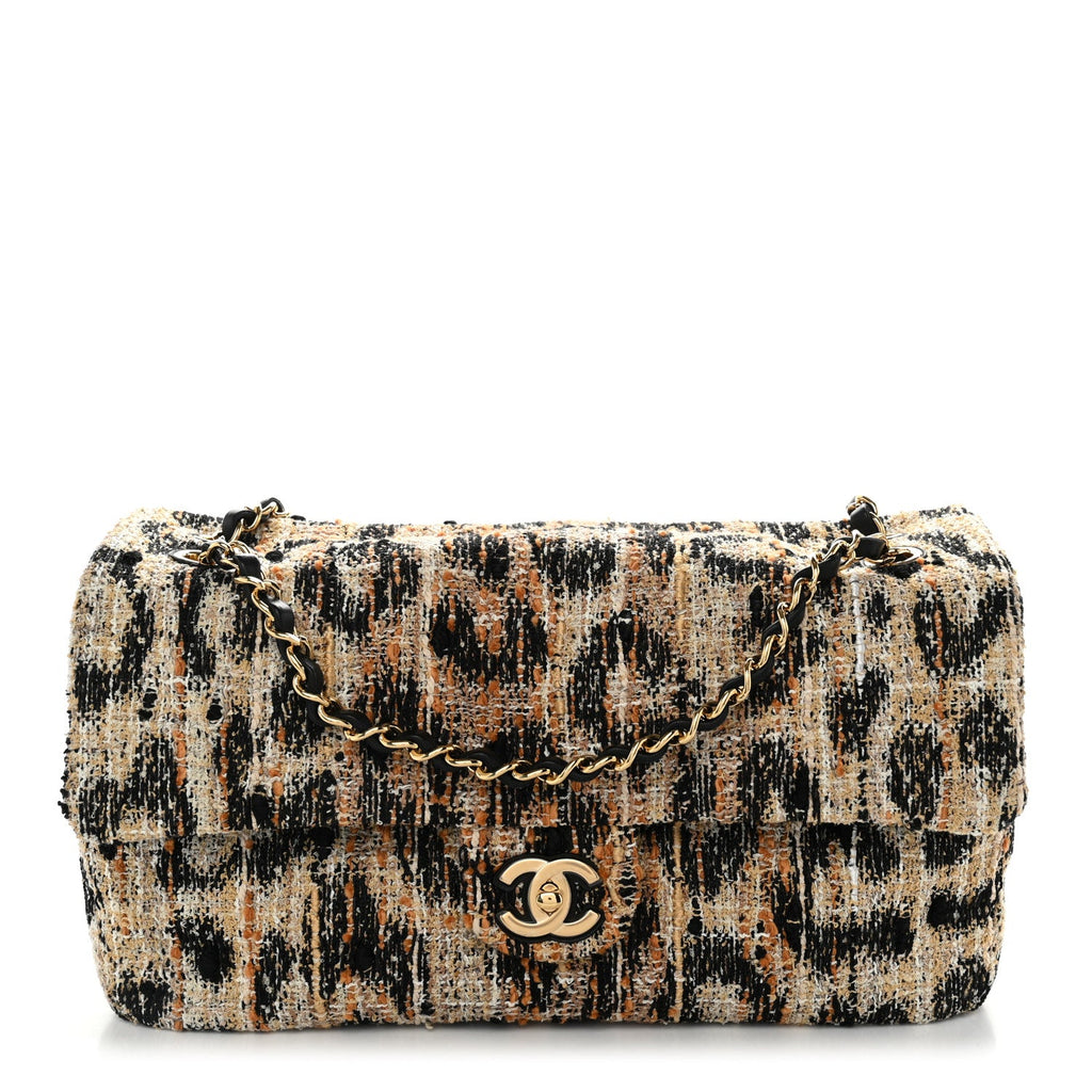 Tweed Mixed Fibers Leopard Print Small Souplissimo Maxi Flap Brown Black White