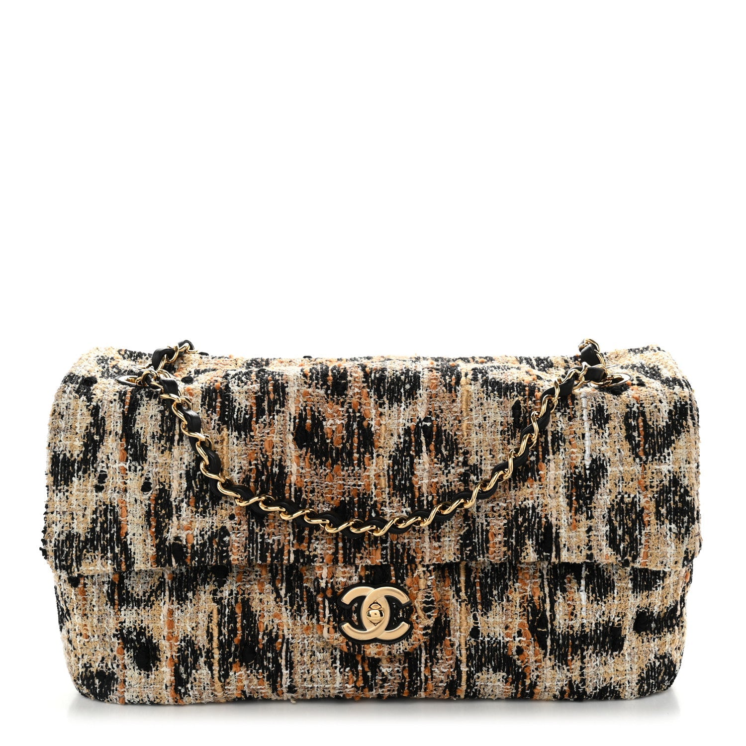 Tweed Mixed Fibers Leopard Print Small Souplissimo Maxi Flap Brown Black White