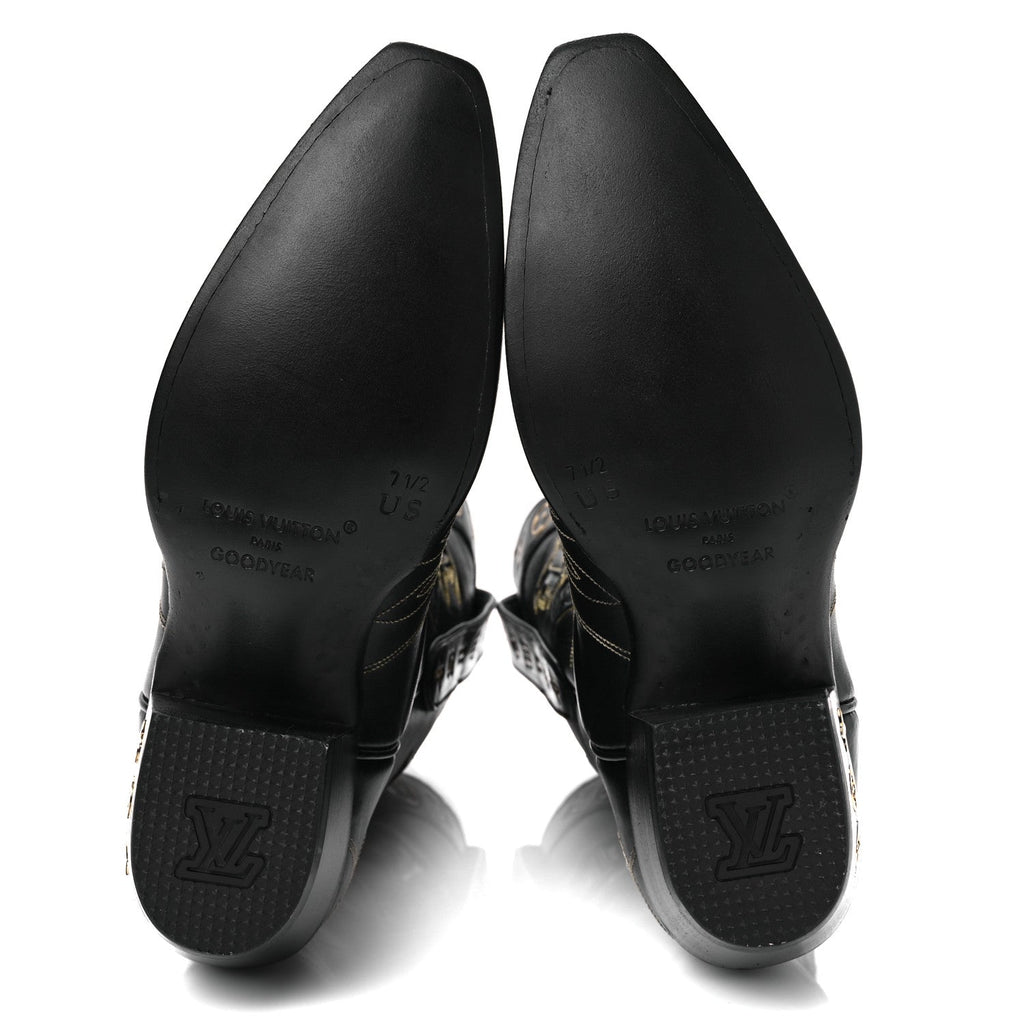 Calfskin LV Texan Mens Rider Boots 7.5 Black Gold