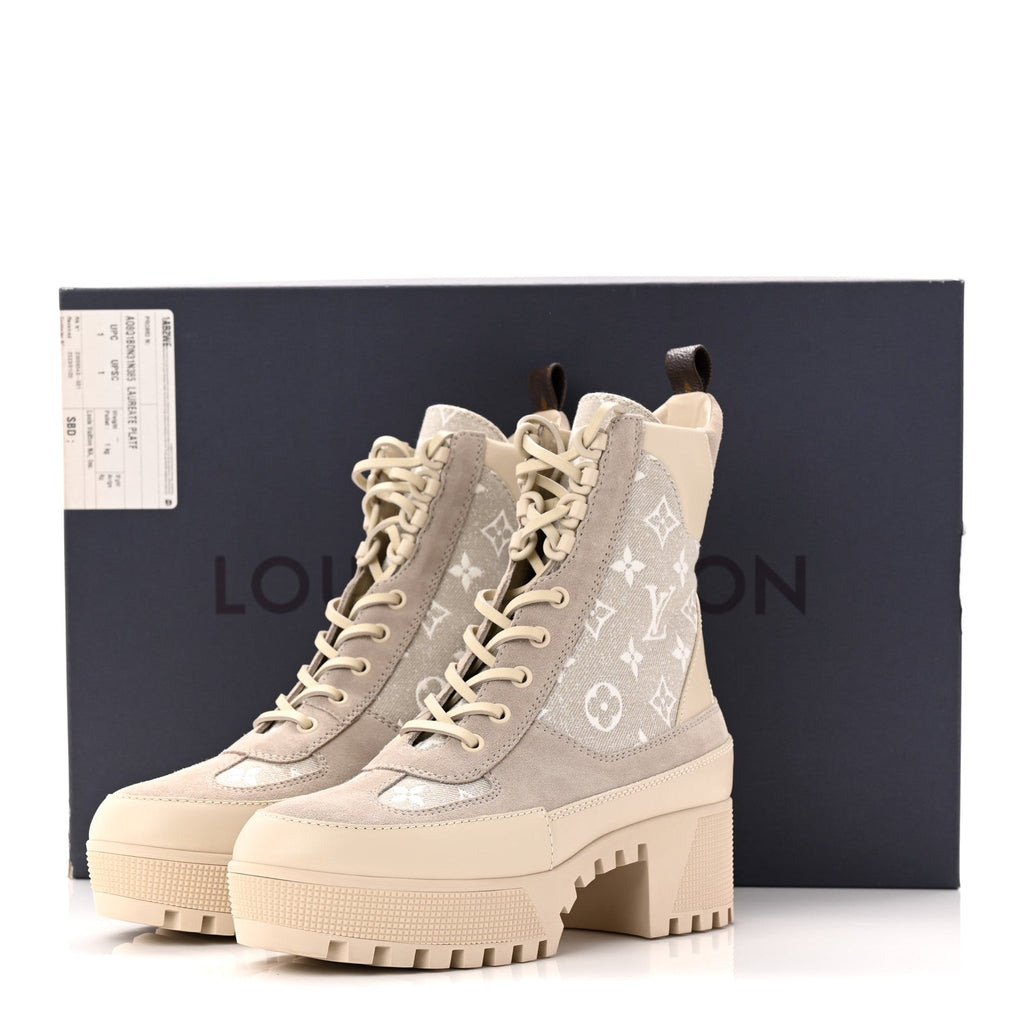 Suede Calfskin Monogram Denim Laureate Platform Desert Boots 38.5 Taupe