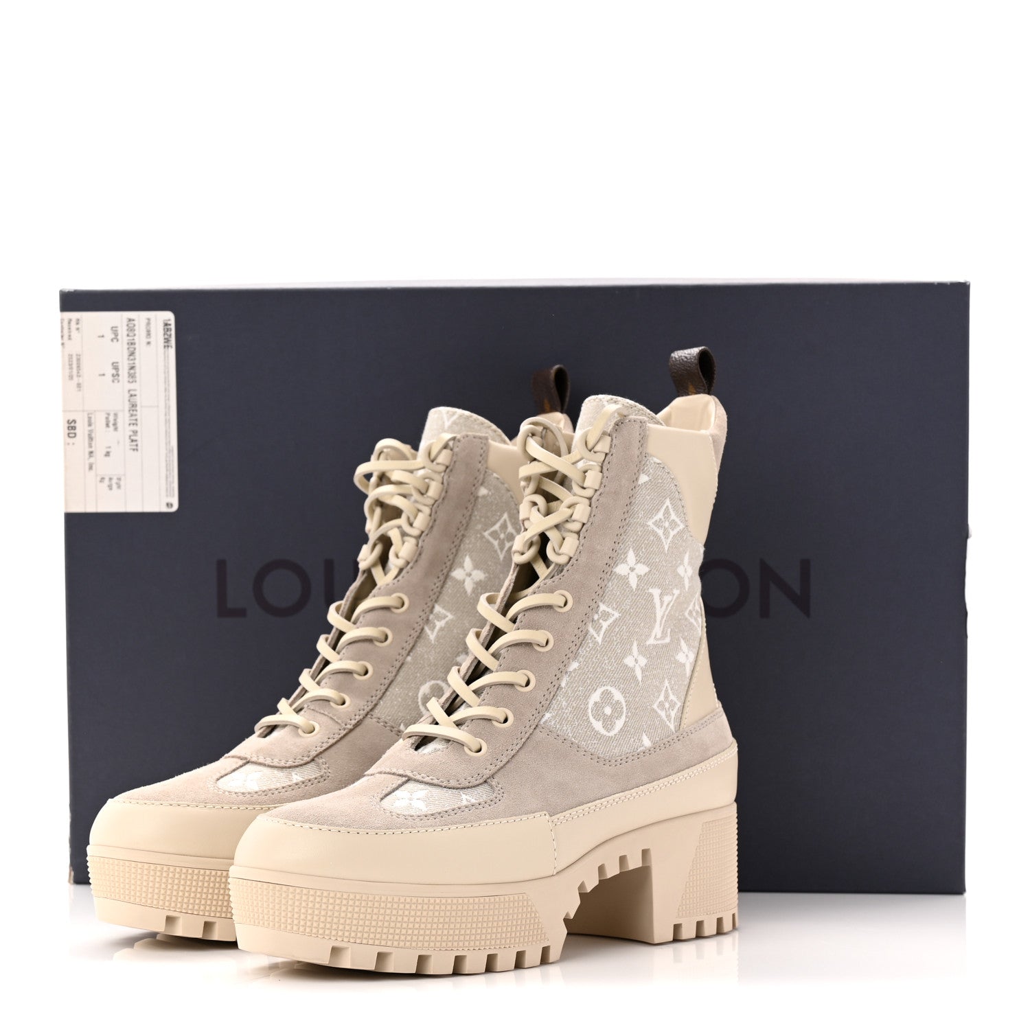 Suede Calfskin Monogram Denim Laureate Platform Desert Boots 38.5 Taupe