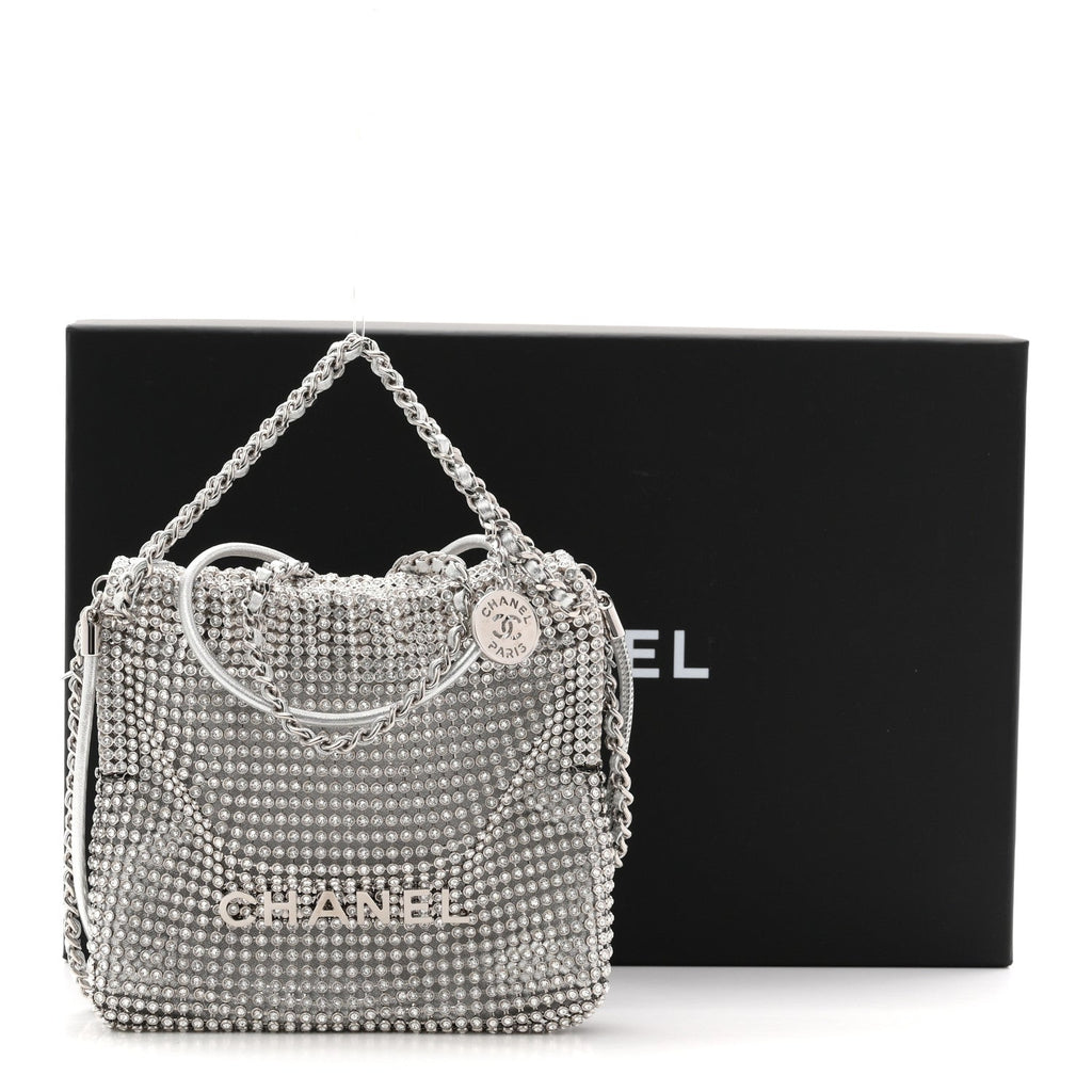 Crystal Embellished Metallic Lambskin Mini Chanel 22 Silver