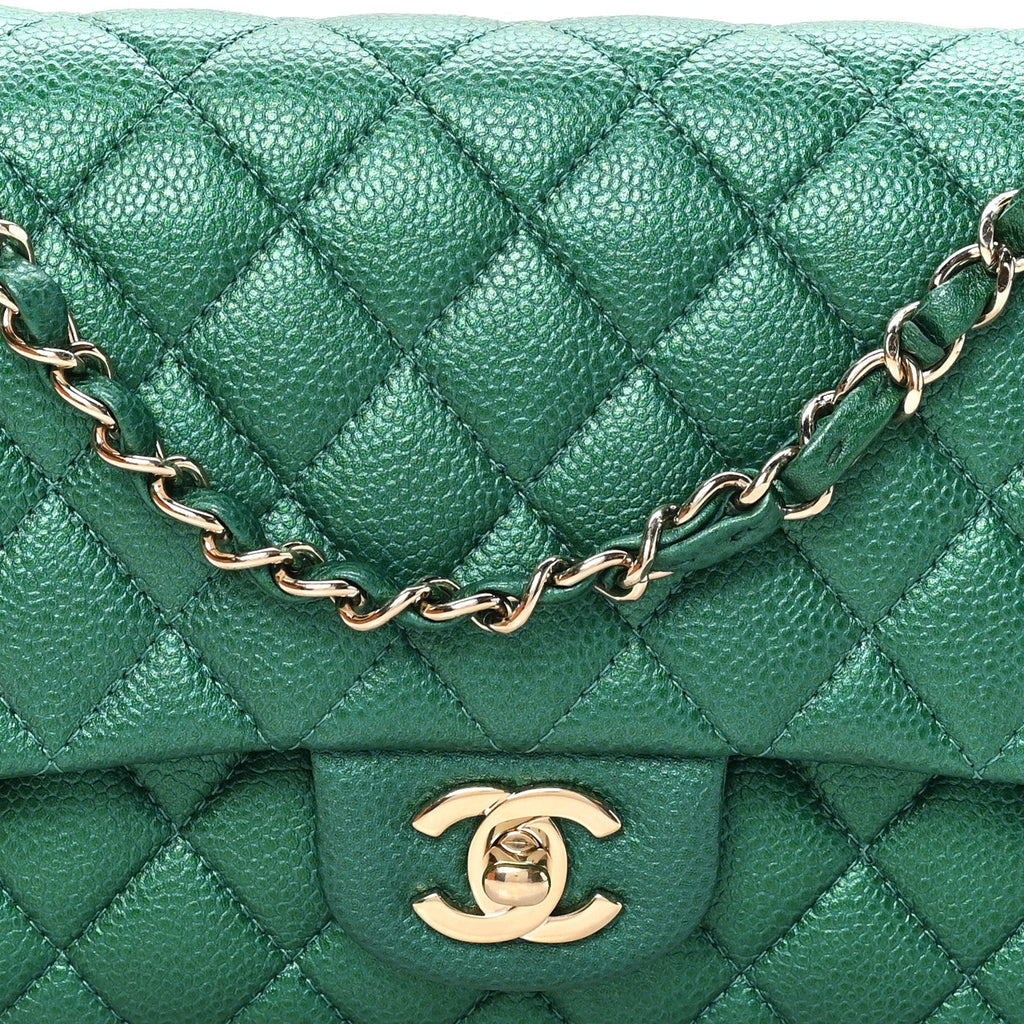 Metallic Caviar Quilted Medium Double Flap Green