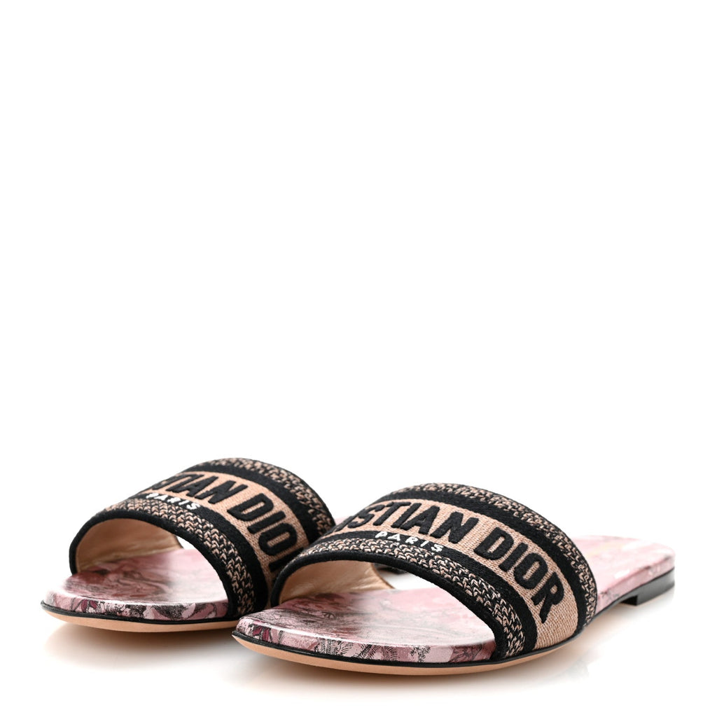 Canvas Rose Mutabilis Embroidered Dway Flat Slide Sandals 39 Fard Black