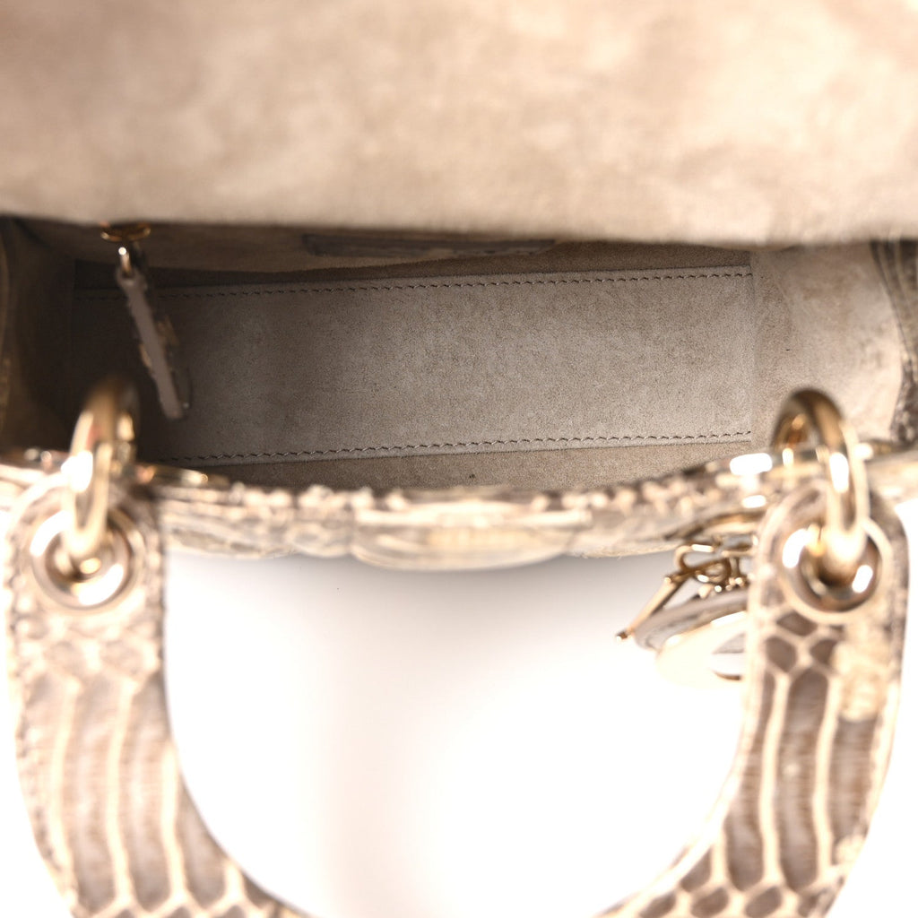 Metallic Snakeskin Cannage Mini Lady Dior Beige