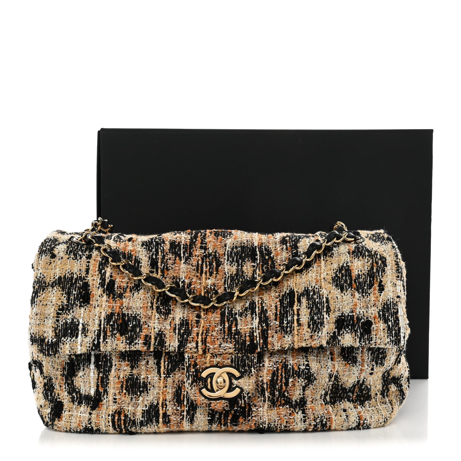 Tweed Mixed Fibers Leopard Print Small Souplissimo Maxi Flap Brown Black White