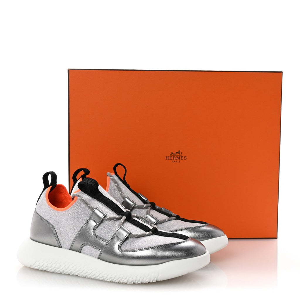 Knit Metallic Calfskin Womens Duel Sneakers 37.5 Argent Orange Black