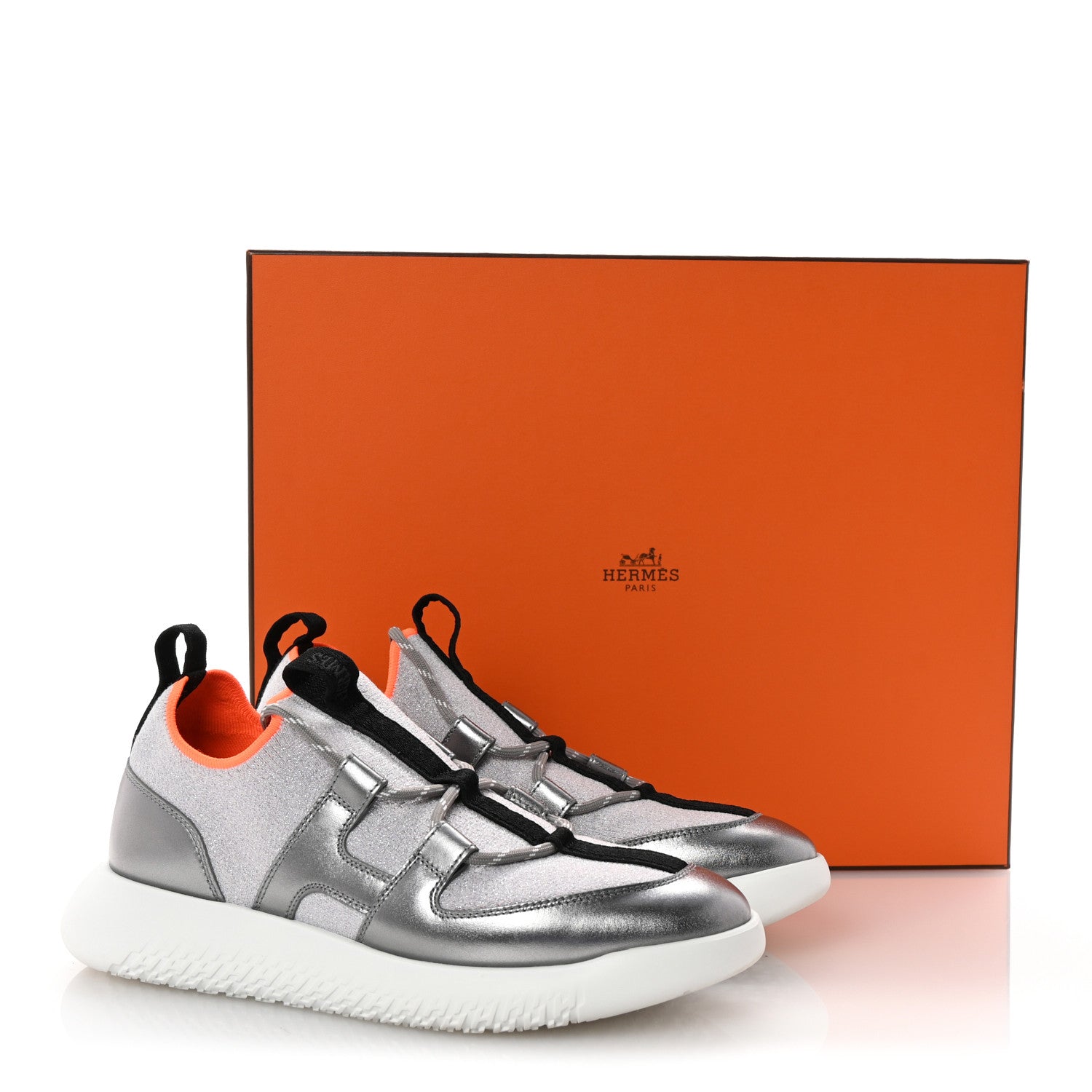 Knit Metallic Calfskin Womens Duel Sneakers 37.5 Argent Orange Black