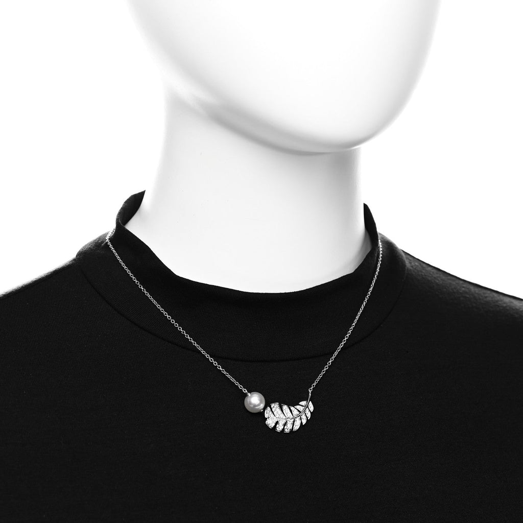 18K White Gold Diamond Cultured Pearl Plume De Chanel Necklace