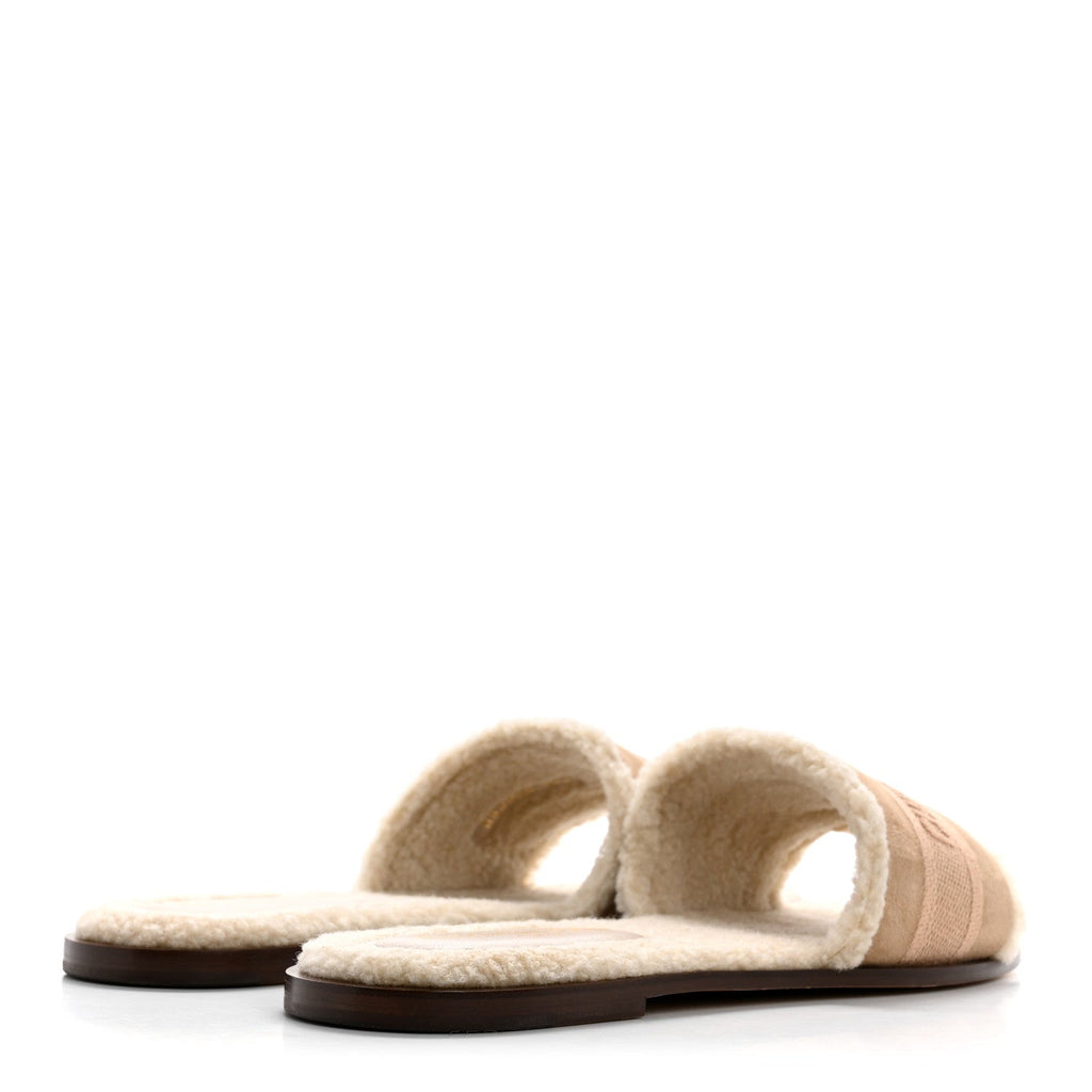 Suede Goatskin Shearling Embroidered Dway Slide Sandals 40.5 Cookie