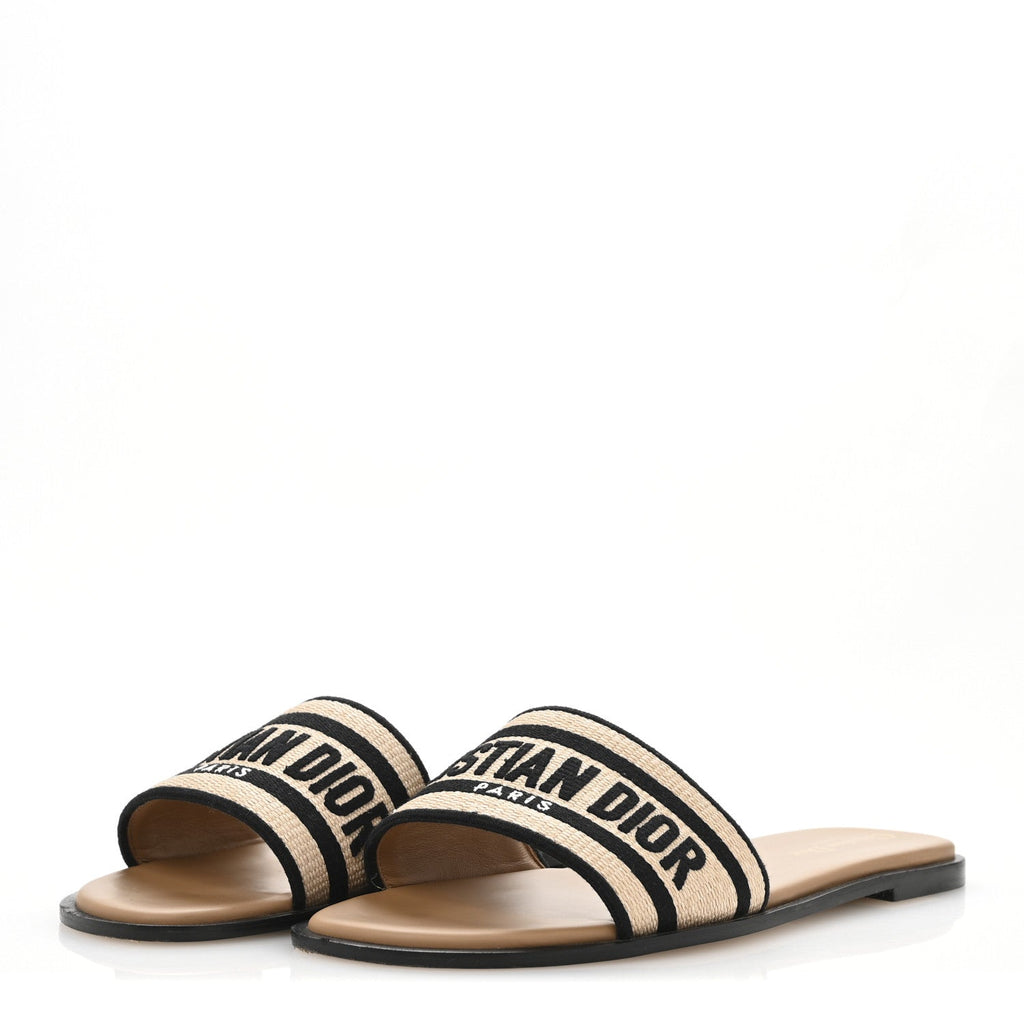 Straw Embroidered Dway Flat Slide Sandals 41 Natural Black