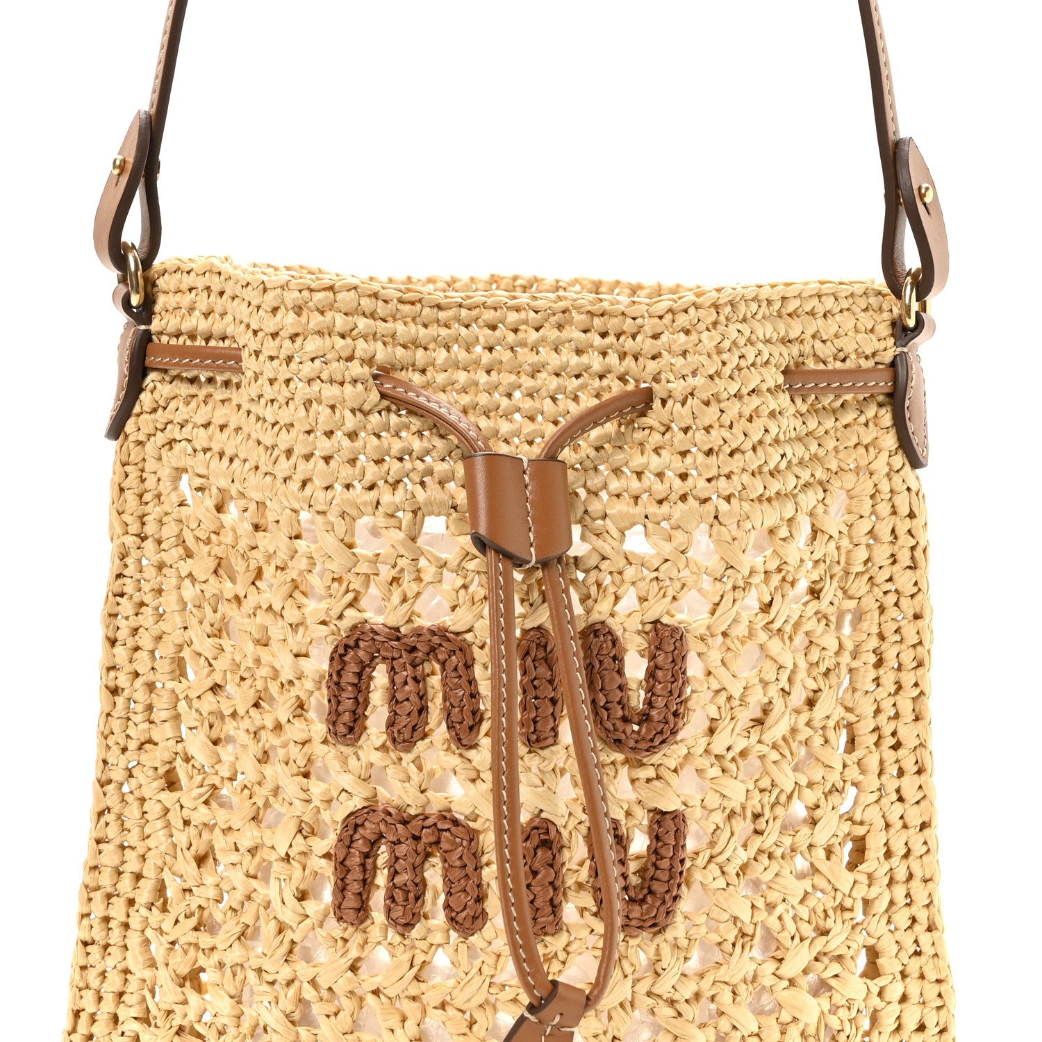 Raffia Crochet Drawstring Pouch Naturale Cognac