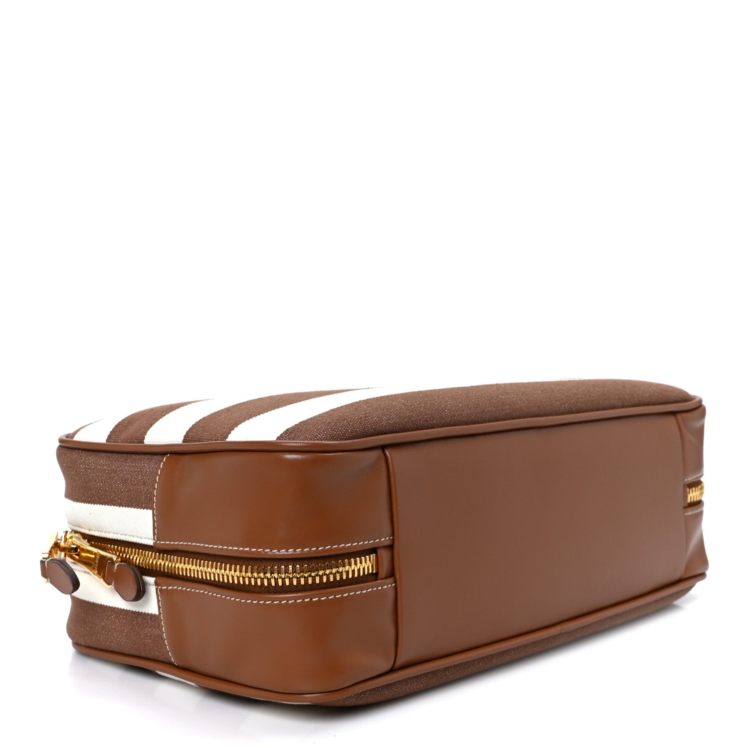 Canvas Calfskin Striped Large Beau Top Handle Bag Naturale Brandy
