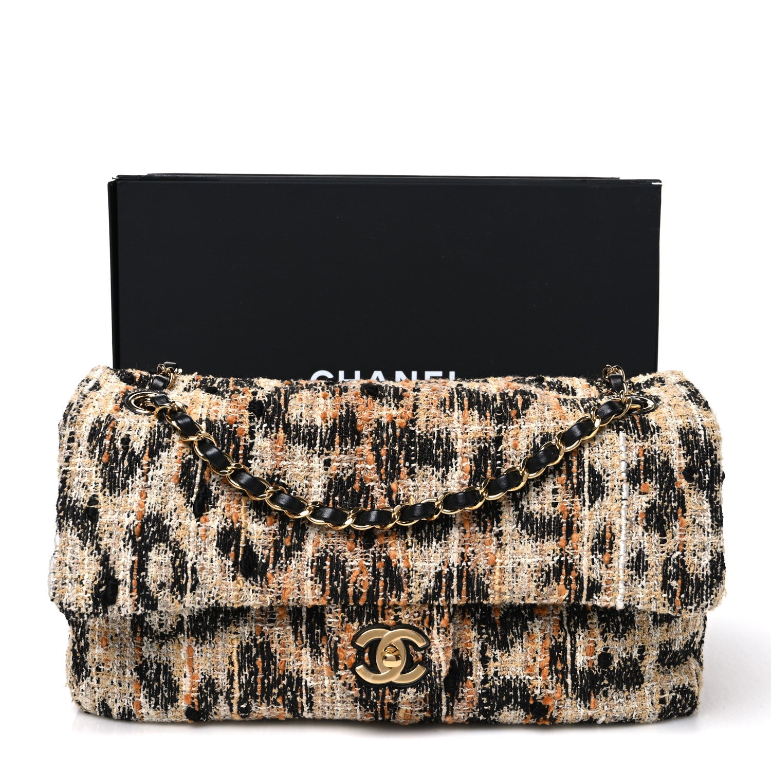 Tweed Mixed Fibers Leopard Print Small Souplissimo Maxi Flap Brown Black White
