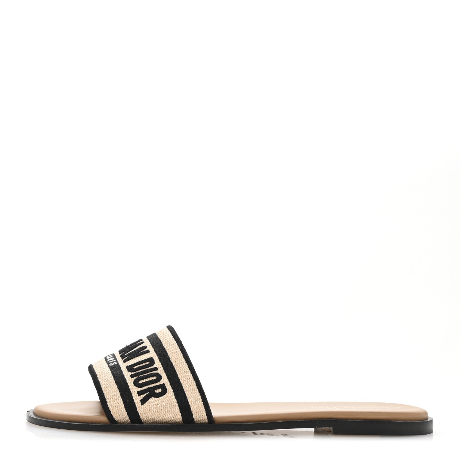 Straw Embroidered Dway Flat Slide Sandals 41 Natural Black