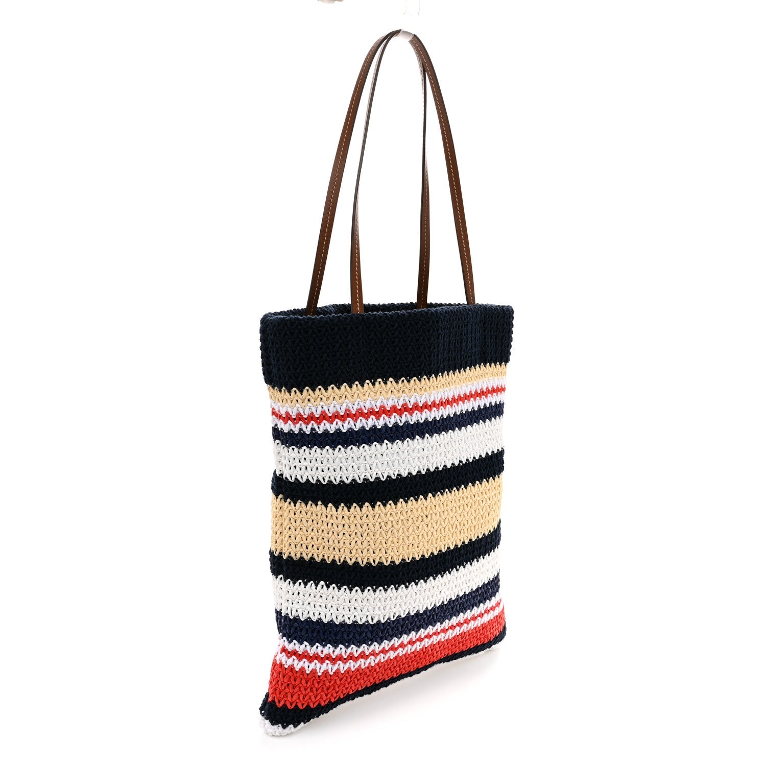 Raffia Crochet Stripe Vertical Tote Bag  Blue Red Natural