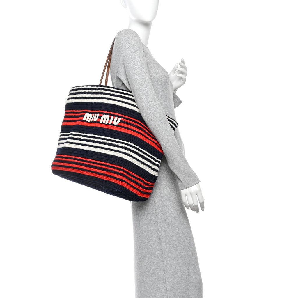 Fabric Crochet Striped Tote Bag Blue Red White