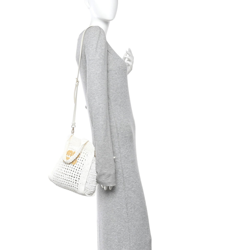 Raffia Crochet Woven Tote Bag White