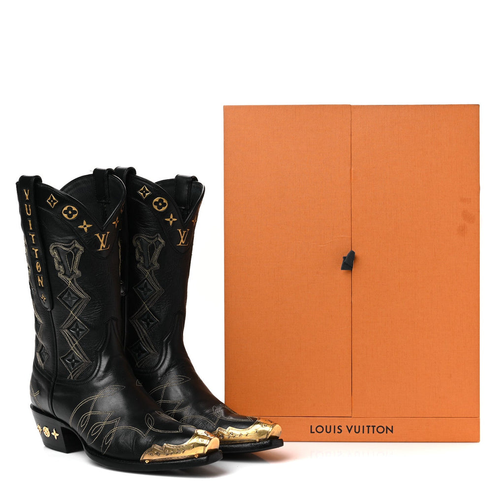 Calfskin LV Texan Mens Rider Boots 7.5 Black Gold
