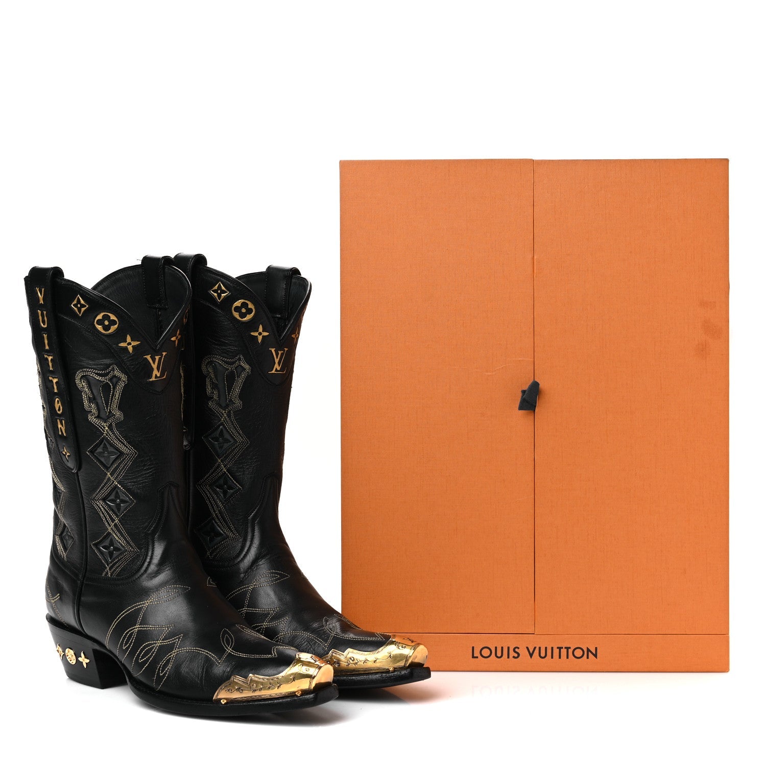 Calfskin LV Texan Mens Rider Boots 7.5 Black Gold