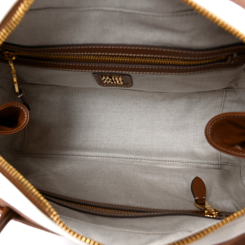 Canvas Calfskin Striped Large Beau Top Handle Bag Naturale Brandy