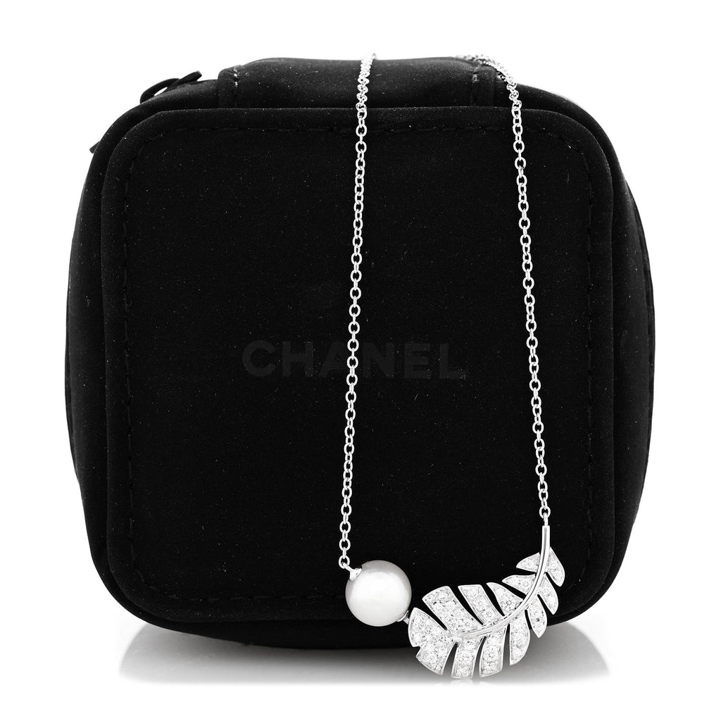 18K White Gold Diamond Cultured Pearl Plume De Chanel Necklace