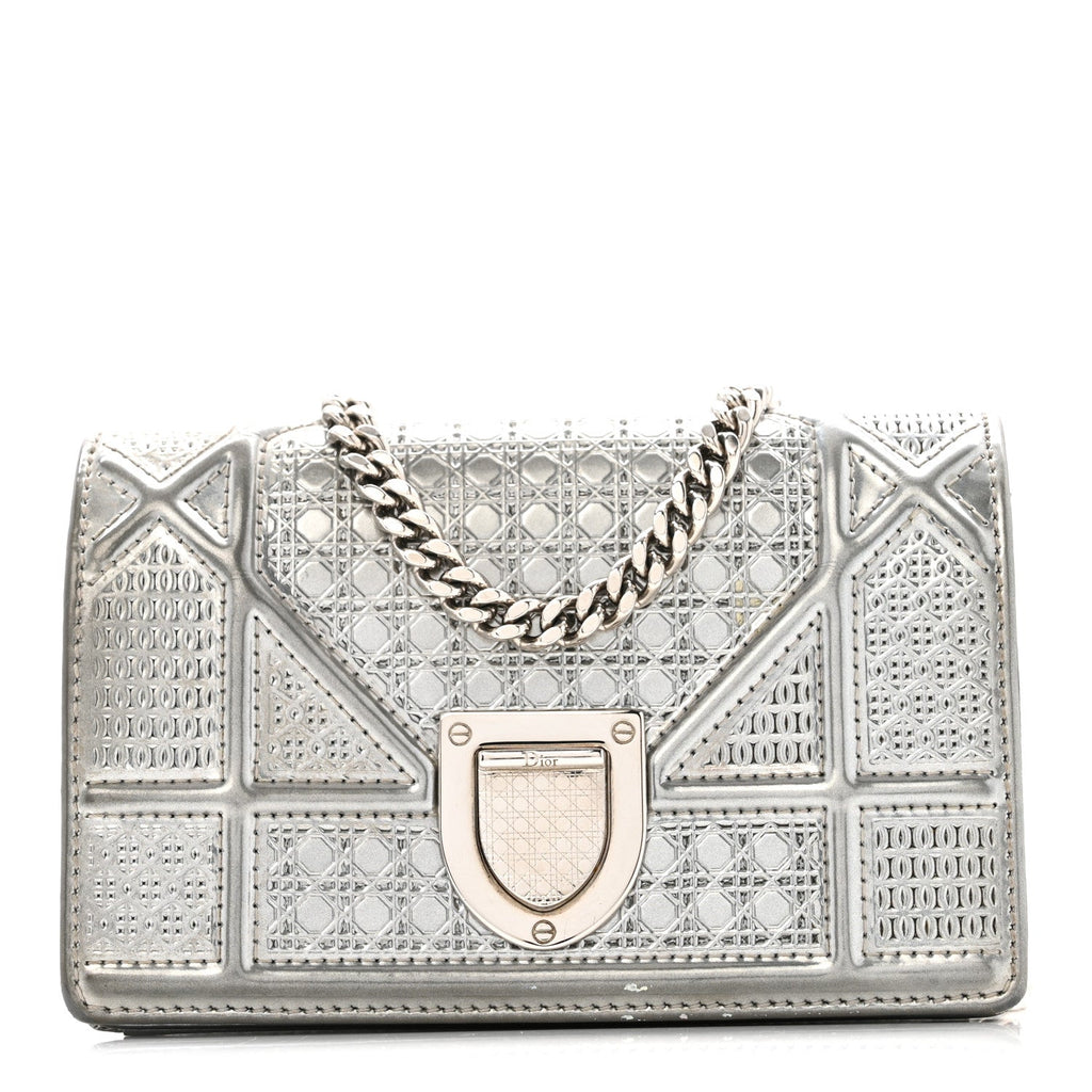 Metallic Patent Micro-Cannage Baby Diorama Flap Bag Silver