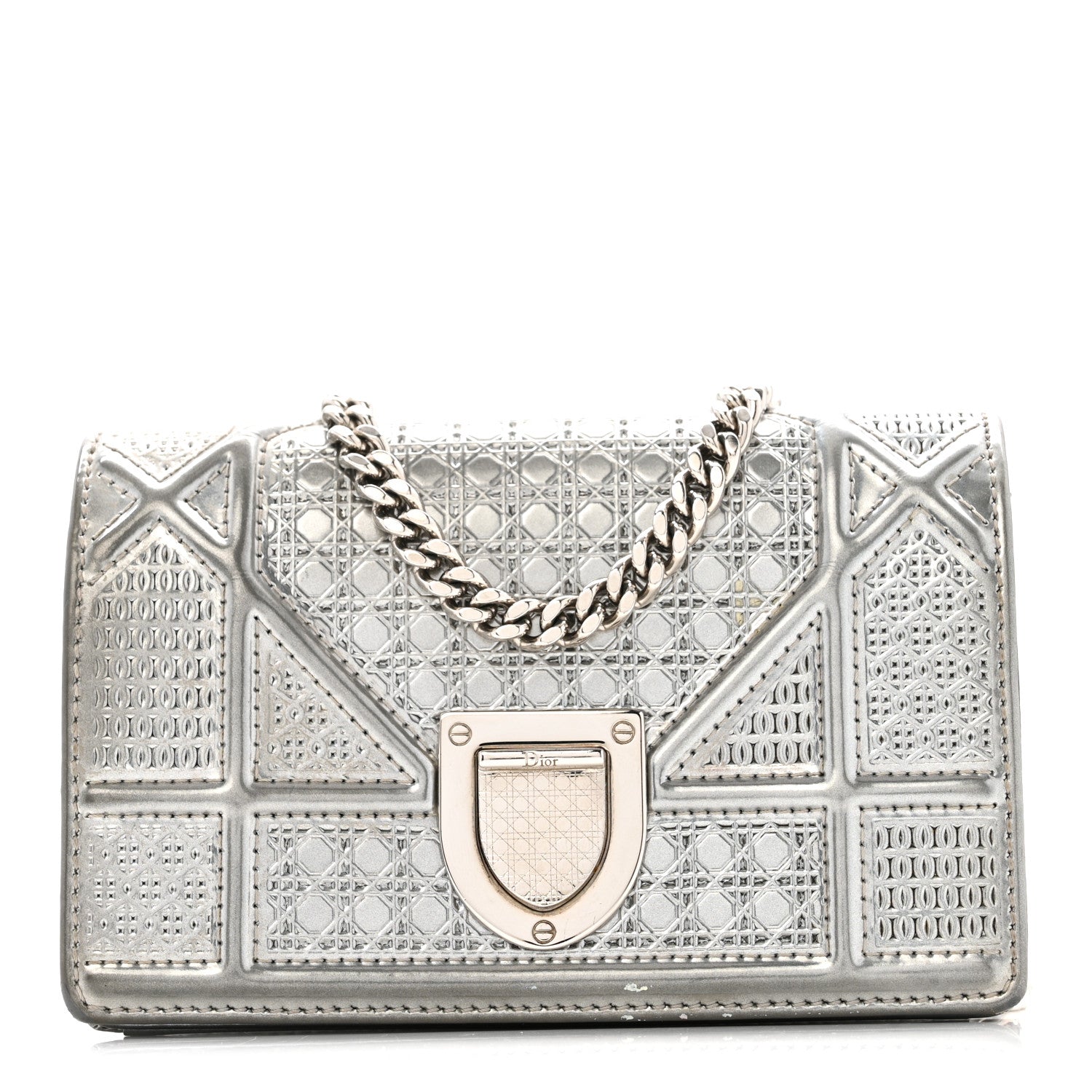 Metallic Patent Micro-Cannage Baby Diorama Flap Bag Silver