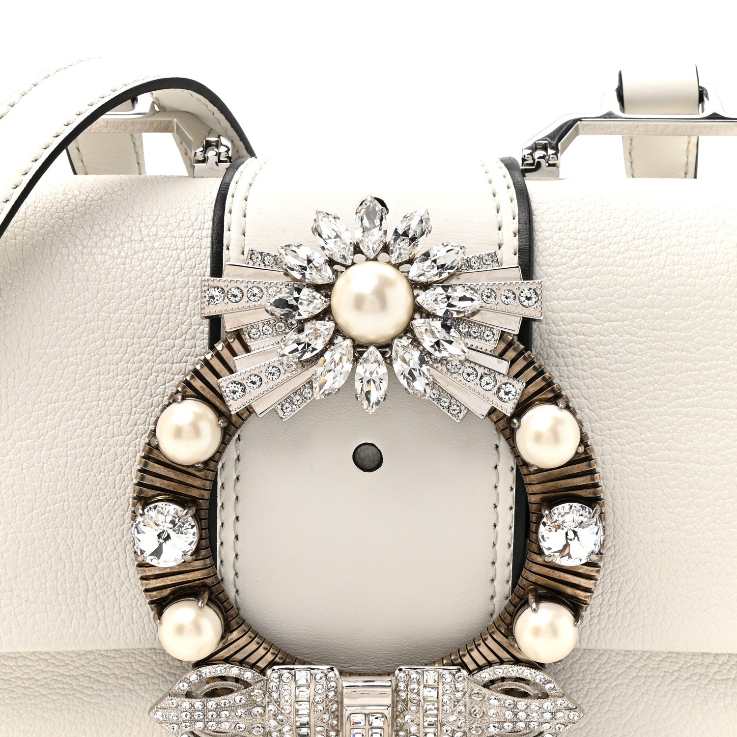 Goatskin Madras Soft Calf Crystal Embellished Shoulder Bag Bianco