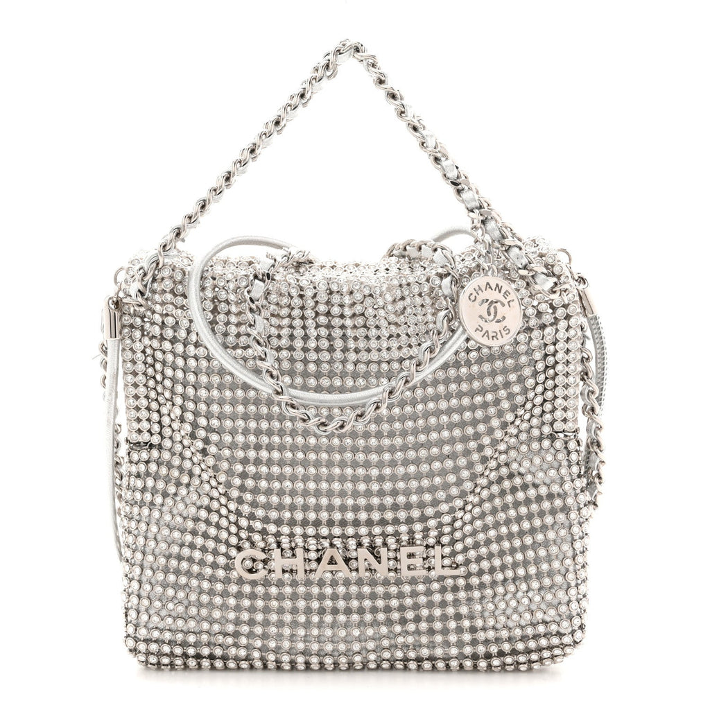 Crystal Embellished Metallic Lambskin Mini Chanel 22 Silver