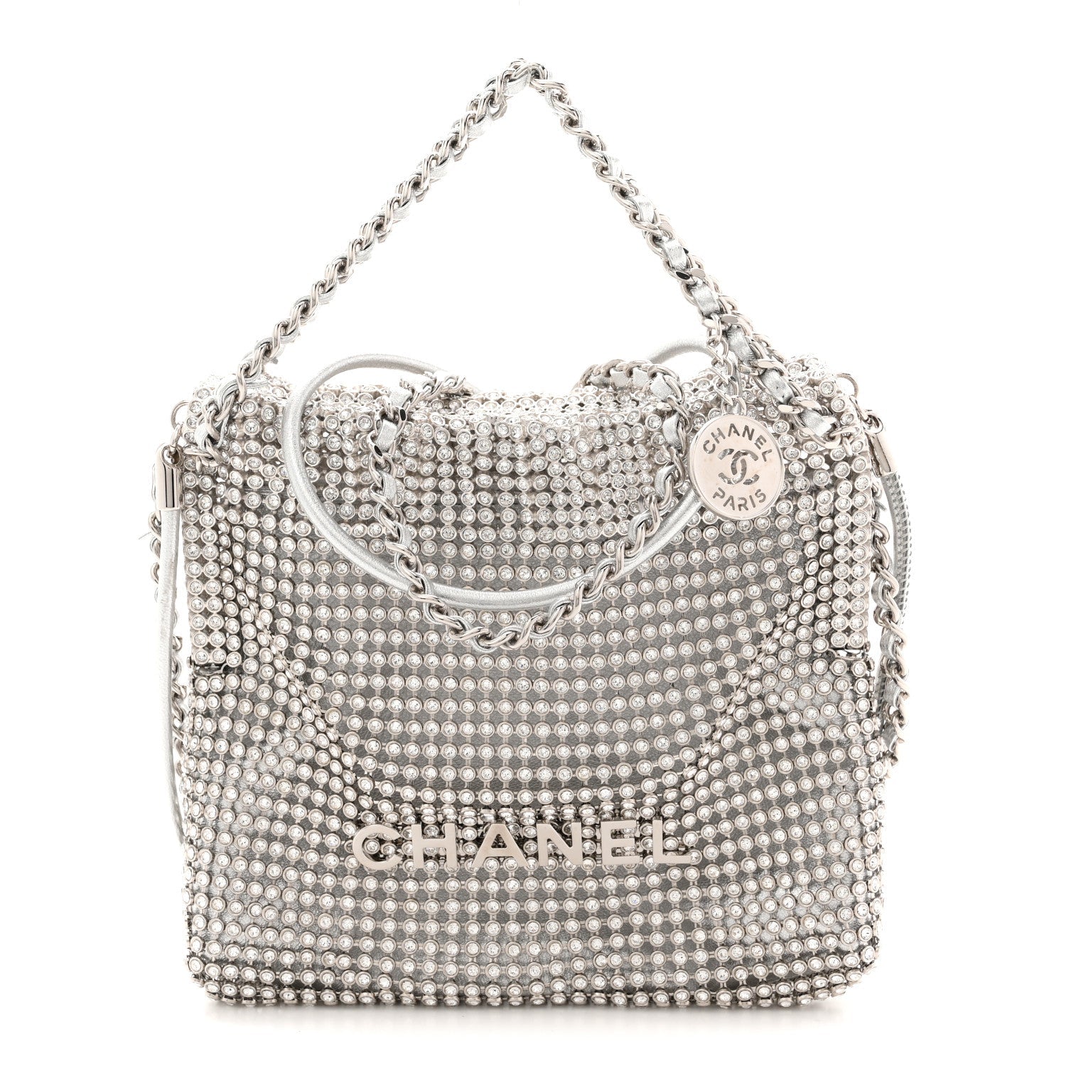 Crystal Embellished Metallic Lambskin Mini Chanel 22 Silver