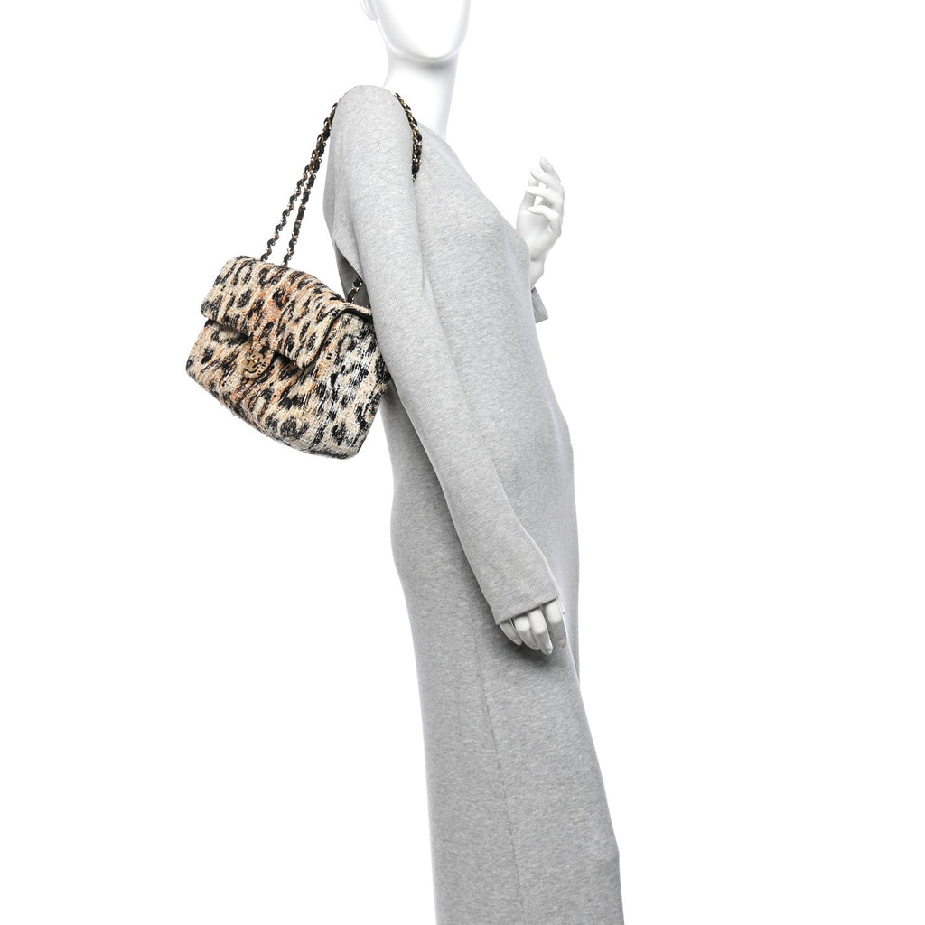 Tweed Mixed Fibers Leopard Print Small Souplissimo Maxi Flap Brown Black White