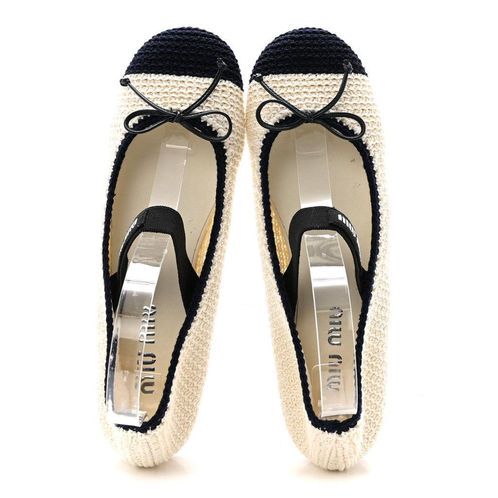 Cotton Crochet Knit Ballerina Flats 38.5 Avorio Blue