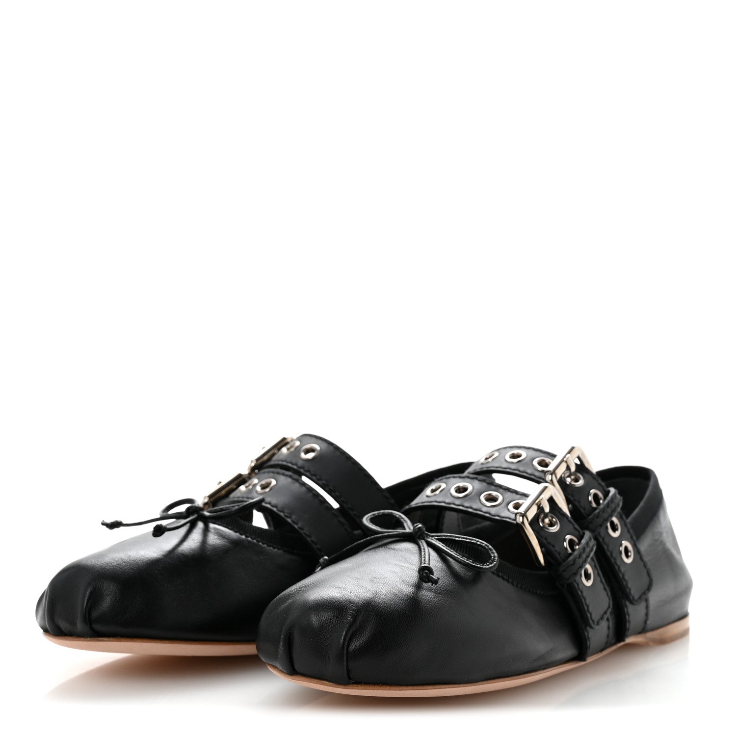 Nappa Vitello Nevada Double Buckle Ballerina Flats 36 Black