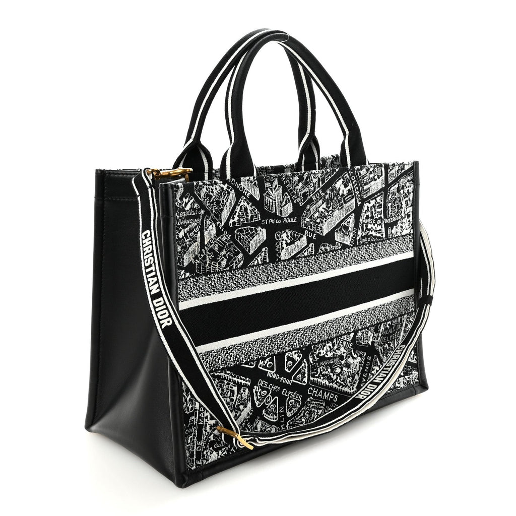 Calfskin Canvas Medium Plan De Paris Book Tote With Strap Black White