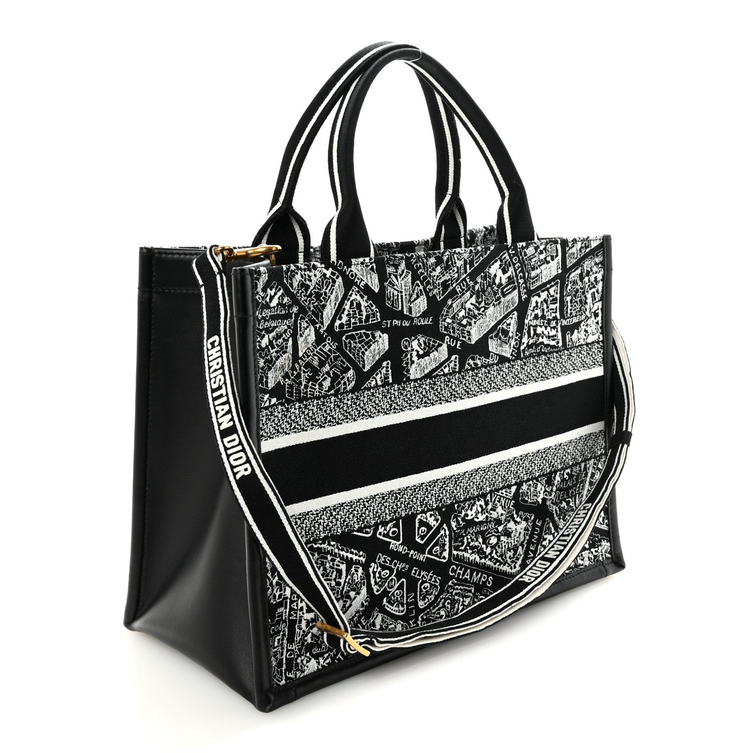 Calfskin Canvas Medium Plan De Paris Book Tote With Strap Black White