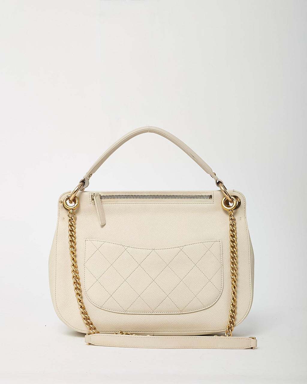 Chanel White Caviar Leather Large Top Handle Flap Bag with Removable Strap